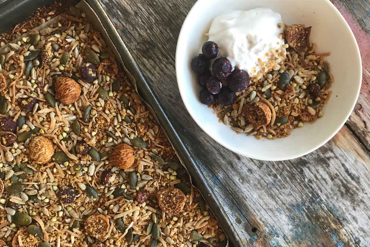 Lupin Granola With Cinnamon, Raspberries and Figs